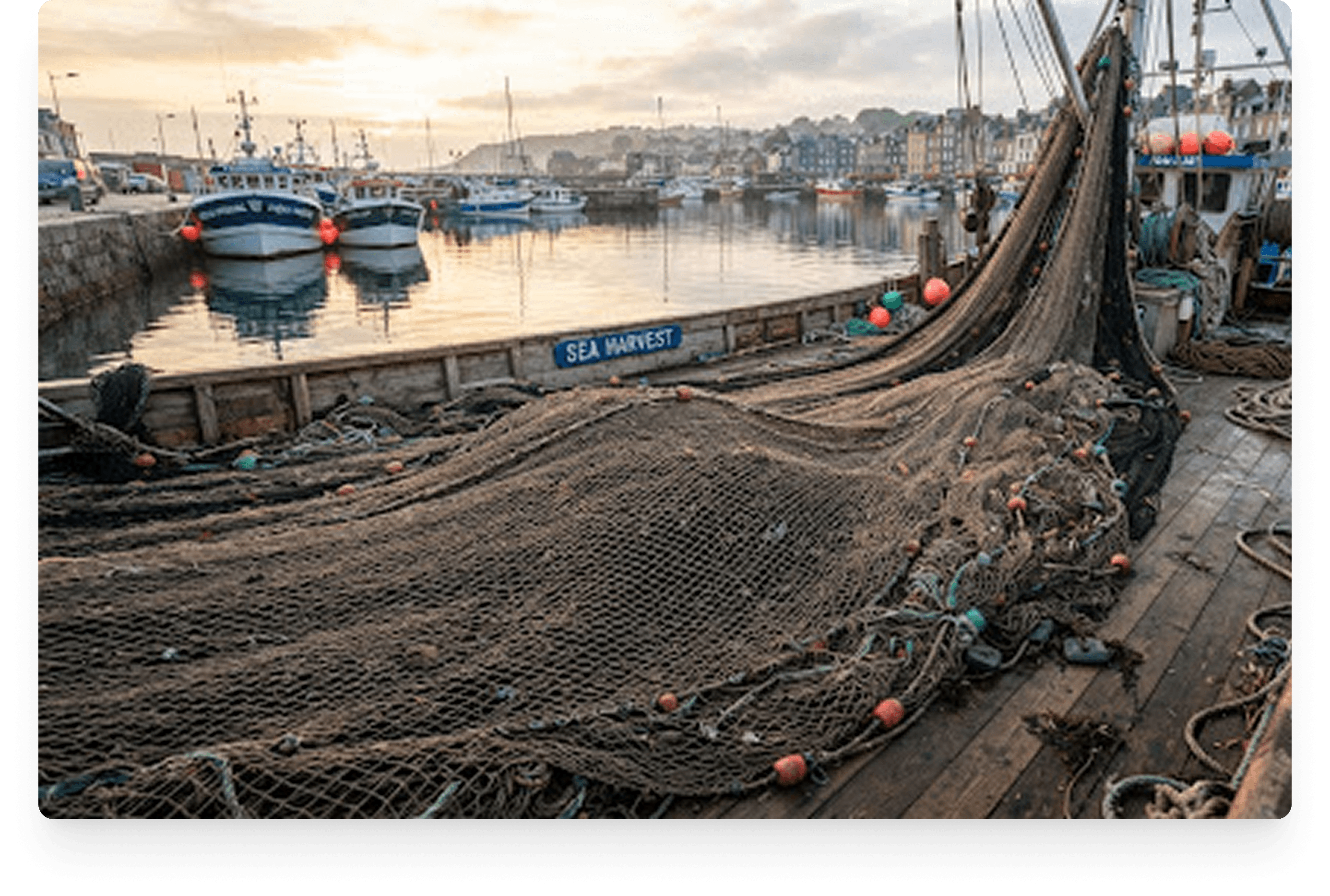 Fishing trawler moored in a harbour beneath coastal mountains